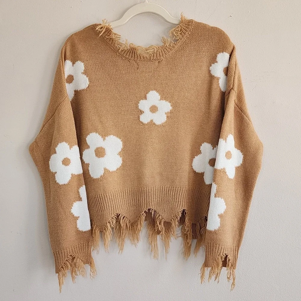 Womens Fringed Floral Sweater Small Twee Boho Festival Coachella Kidcore Hippie